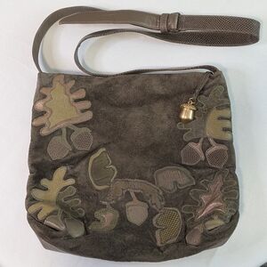 Sharif Suede Leather Leaf Acorn Applique Olive Khaki Brown Shoulder Bag Vintage